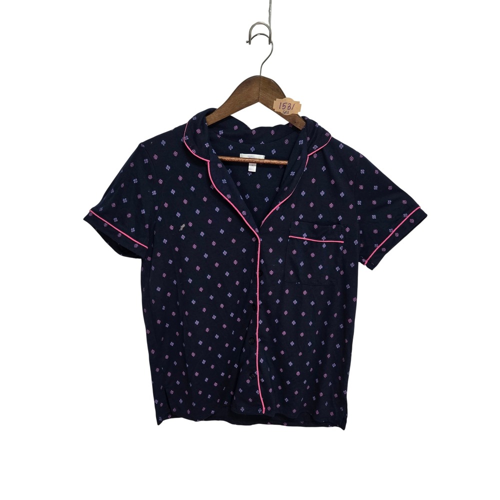 Secret‎ Treasures Womens Navy Floral Pajama Top Short Sleeve Button Up M 8-10